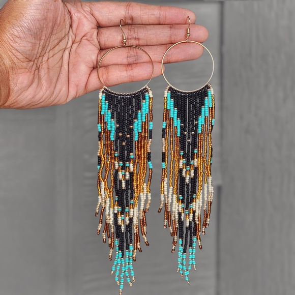 Hand Crafted Jewelry - Geo Long XL Boho Beaded Earrings Handmade Western Jewelry Tribal Boheme